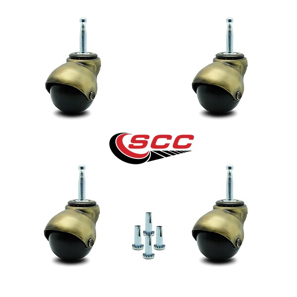2 Inch Antique Brass Hooded Grip Neck Ball Casters, 4PK